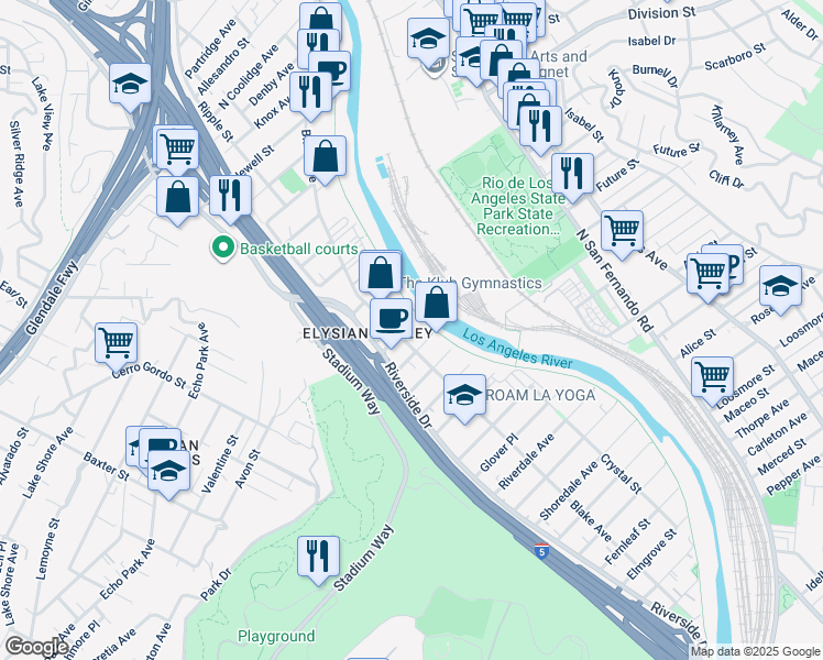 map of restaurants, bars, coffee shops, grocery stores, and more near 2400 Forney Street in Los Angeles