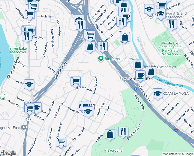 map of restaurants, bars, coffee shops, grocery stores, and more near 2420 Echo Park Avenue in Los Angeles