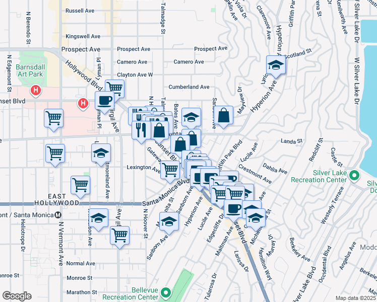 map of restaurants, bars, coffee shops, grocery stores, and more near 1200 Myra Avenue in Los Angeles