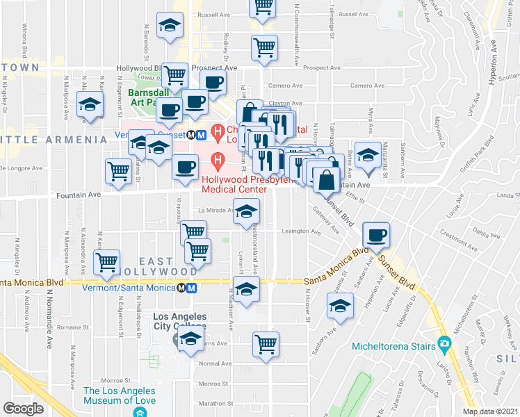 map of restaurants, bars, coffee shops, grocery stores, and more near 1255 North Virgil Avenue in Los Angeles