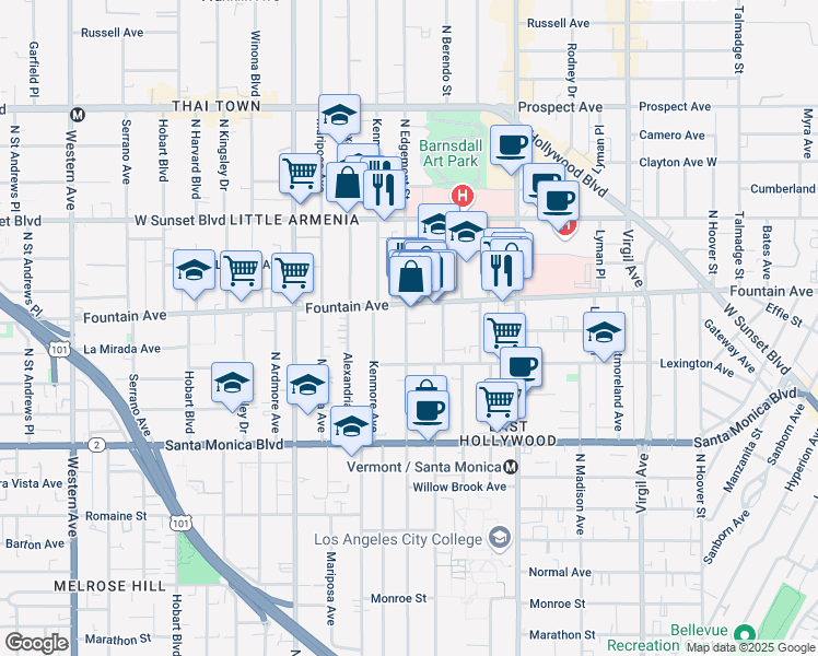 map of restaurants, bars, coffee shops, grocery stores, and more near in Los Angeles