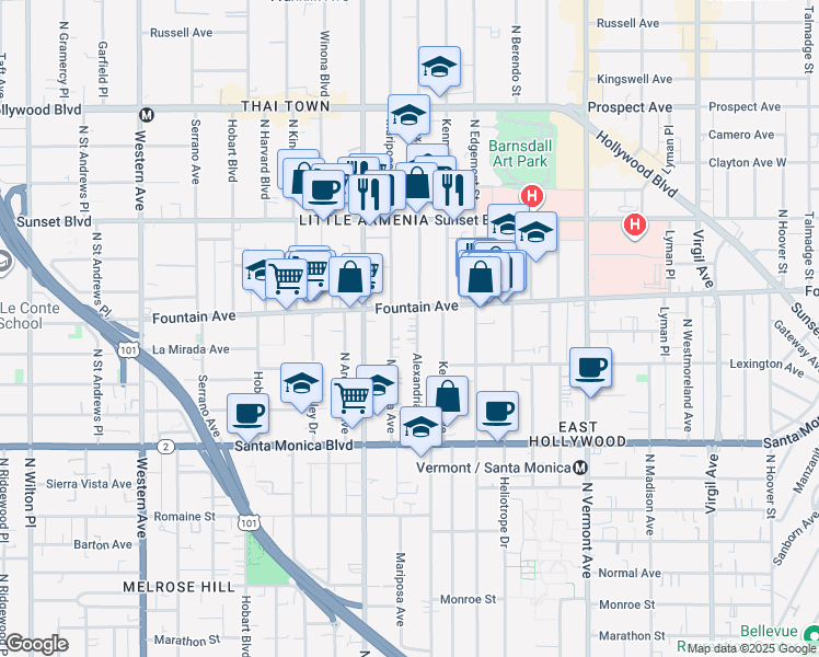map of restaurants, bars, coffee shops, grocery stores, and more near 1256 North Mariposa Avenue in Los Angeles