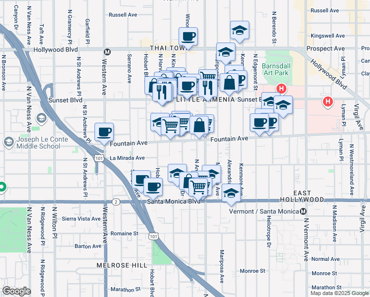 map of restaurants, bars, coffee shops, grocery stores, and more near 5168 Fountain Avenue in Los Angeles