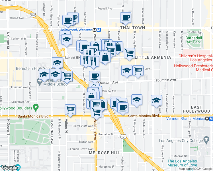 map of restaurants, bars, coffee shops, grocery stores, and more near 5432 1/2 Fountain Avenue in Los Angeles