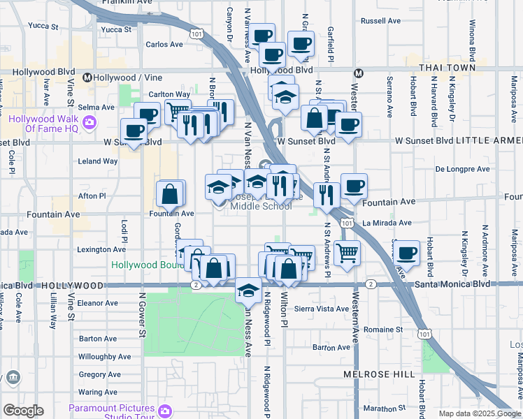 map of restaurants, bars, coffee shops, grocery stores, and more near 1314 North Van Ness Avenue in Los Angeles