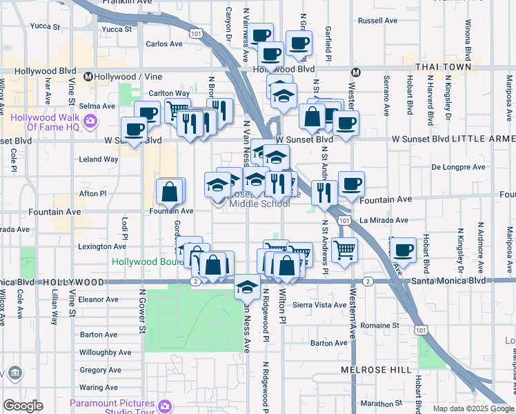 map of restaurants, bars, coffee shops, grocery stores, and more near 1314 North Van Ness Avenue in Los Angeles