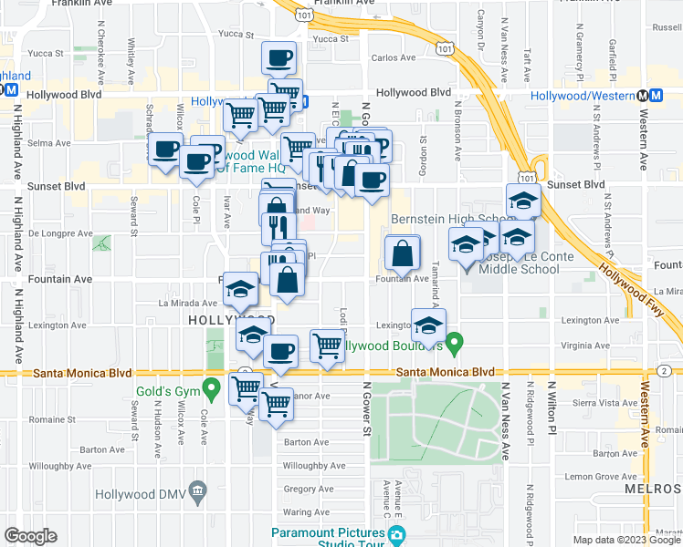 map of restaurants, bars, coffee shops, grocery stores, and more near in Los Angeles