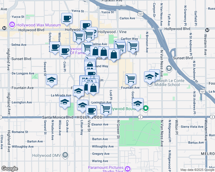 map of restaurants, bars, coffee shops, grocery stores, and more near 6202 Afton Place in Los Angeles