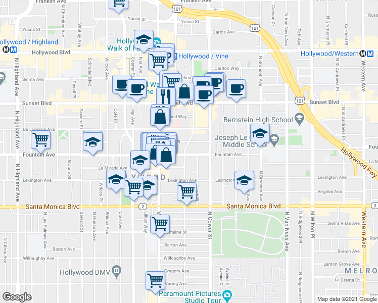 map of restaurants, bars, coffee shops, grocery stores, and more near 6202 Afton Place in Los Angeles
