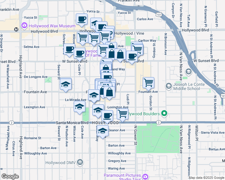 map of restaurants, bars, coffee shops, grocery stores, and more near 6254 Afton Place in Los Angeles