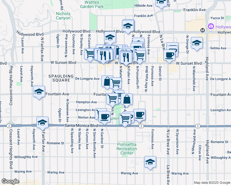 map of restaurants, bars, coffee shops, grocery stores, and more near in West Hollywood