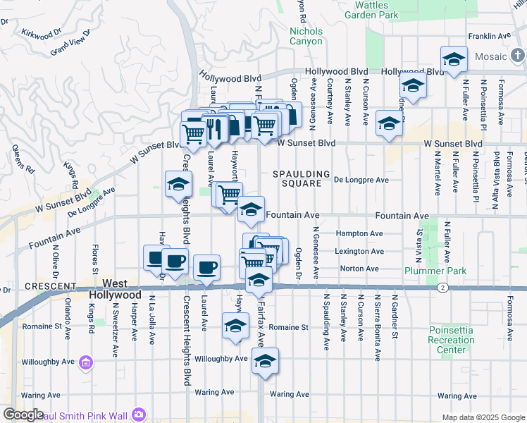 map of restaurants, bars, coffee shops, grocery stores, and more near 1319 North Fairfax Avenue in West Hollywood