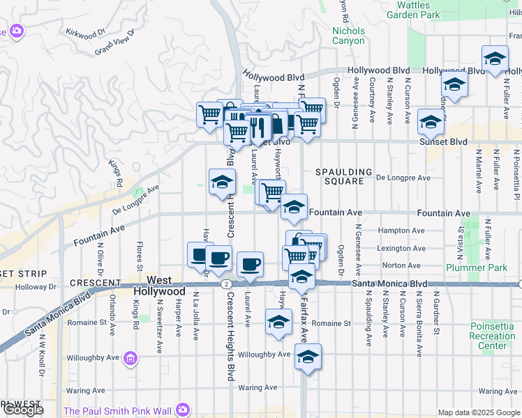 map of restaurants, bars, coffee shops, grocery stores, and more near 1331 North Hayworth Avenue in West Hollywood
