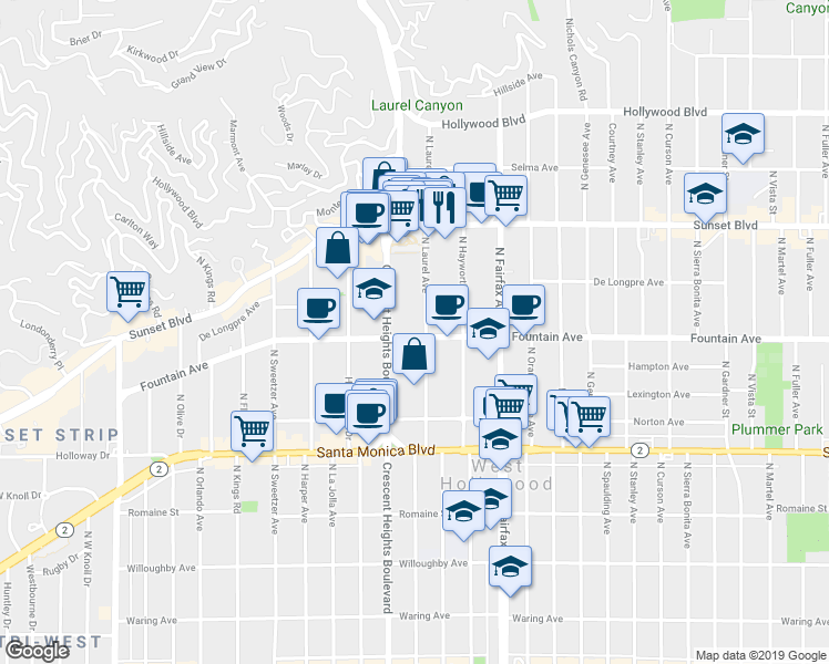 map of restaurants, bars, coffee shops, grocery stores, and more near 1321 North Laurel Avenue in West Hollywood