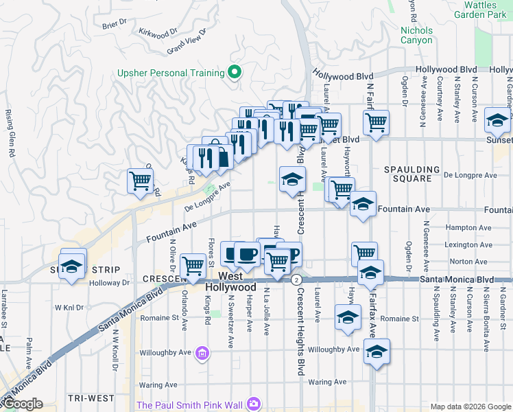 map of restaurants, bars, coffee shops, grocery stores, and more near in West Hollywood