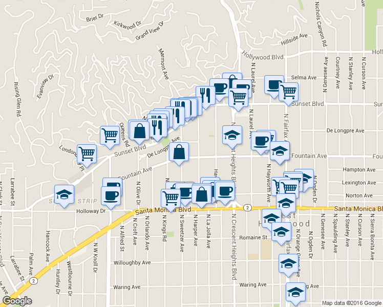 map of restaurants, bars, coffee shops, grocery stores, and more near 8277 Fountain Avenue in West Hollywood