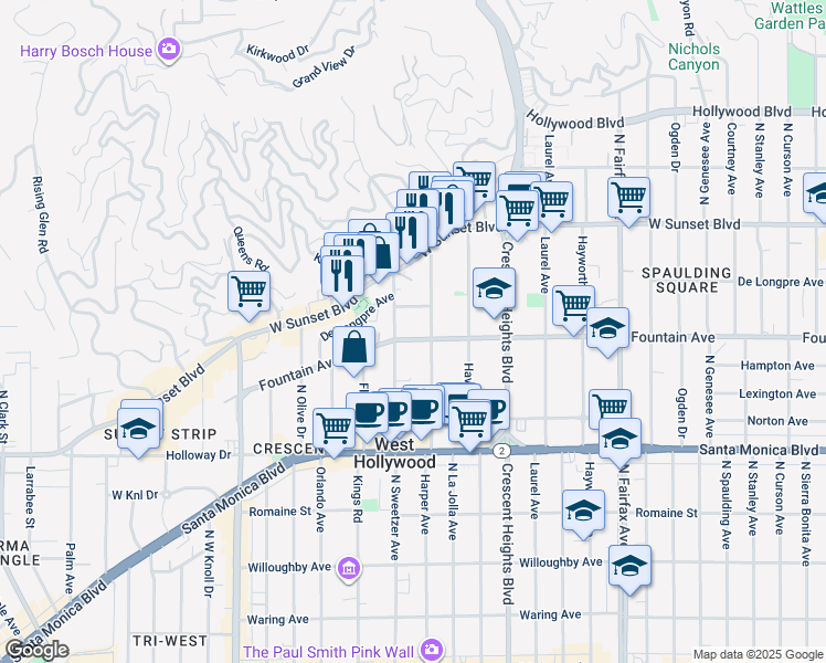 map of restaurants, bars, coffee shops, grocery stores, and more near 8277 Fountain Avenue in West Hollywood