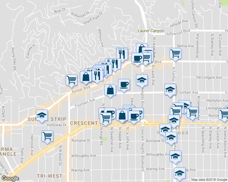 map of restaurants, bars, coffee shops, grocery stores, and more near 8277 Fountain Avenue in West Hollywood