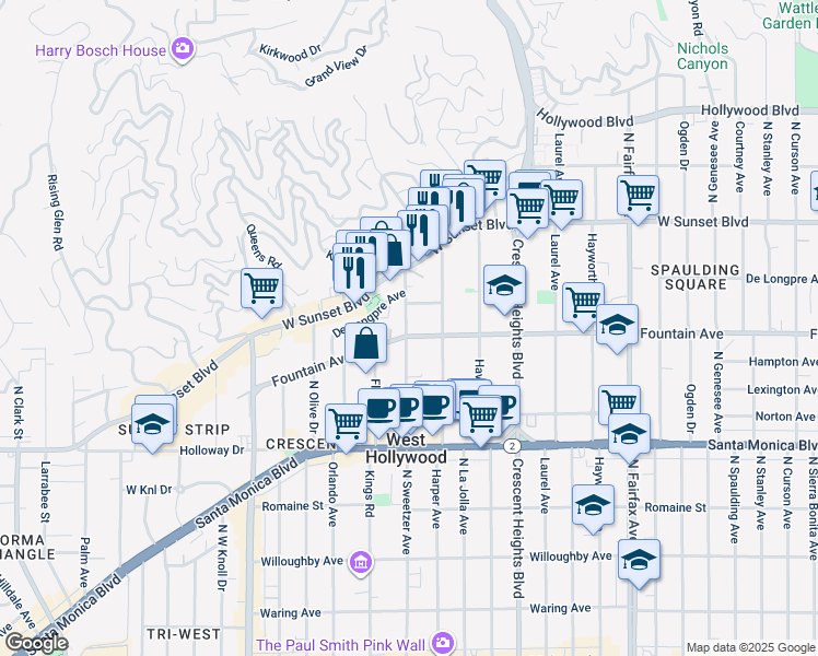 map of restaurants, bars, coffee shops, grocery stores, and more near 8277 Fountain Avenue in West Hollywood