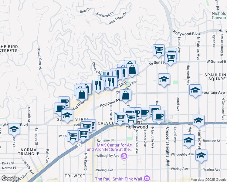 map of restaurants, bars, coffee shops, grocery stores, and more near 8440 Sunset Boulevard in West Hollywood