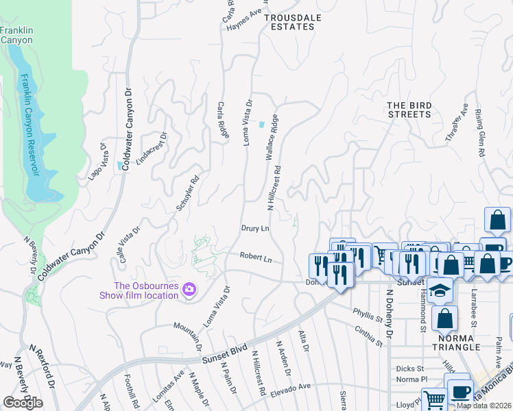 map of restaurants, bars, coffee shops, grocery stores, and more near 1012 Wallace Ridge in Beverly Hills