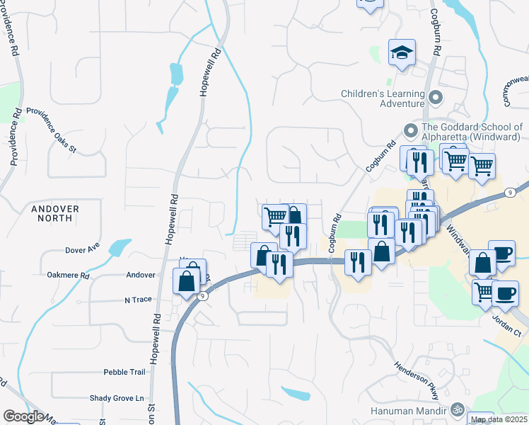 map of restaurants, bars, coffee shops, grocery stores, and more near 2400 Cogburn Ridge Road in Alpharetta
