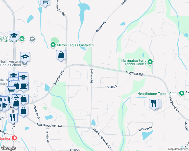 map of restaurants, bars, coffee shops, grocery stores, and more near 12805 Bethany Road in Alpharetta