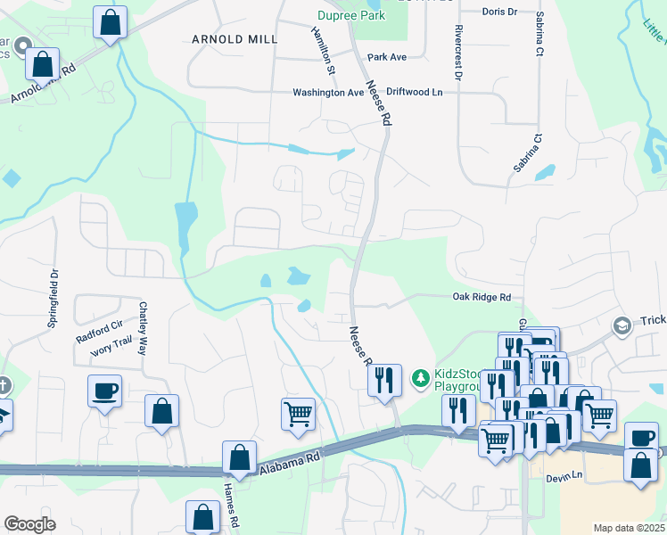 map of restaurants, bars, coffee shops, grocery stores, and more near 756 Neese Road in Woodstock