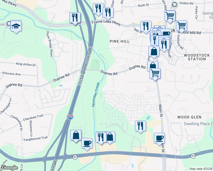 map of restaurants, bars, coffee shops, grocery stores, and more near 136 Creekwood Drive in Woodstock