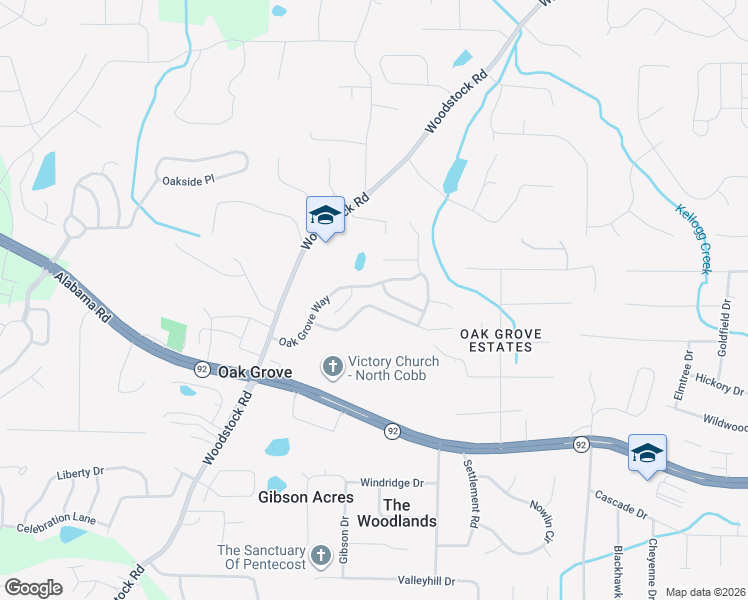 map of restaurants, bars, coffee shops, grocery stores, and more near 135 Oak Grove Place in Acworth