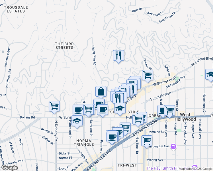 map of restaurants, bars, coffee shops, grocery stores, and more near 1271 Sunset Plaza Drive in Los Angeles