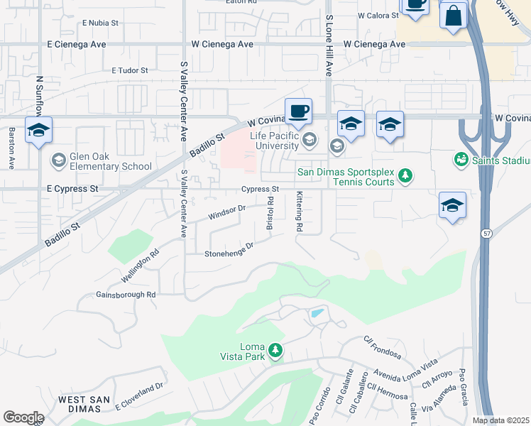 map of restaurants, bars, coffee shops, grocery stores, and more near 822 Bristol Road in San Dimas