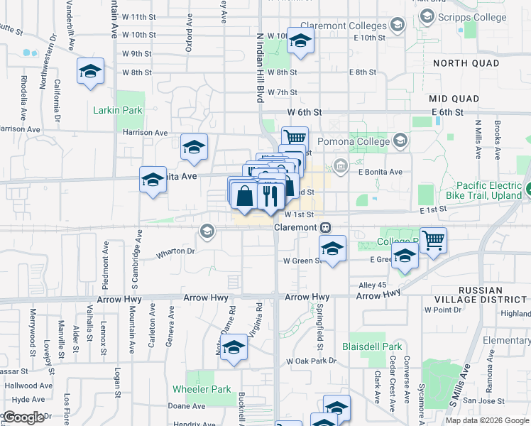 map of restaurants, bars, coffee shops, grocery stores, and more near 460 West 1st Street in Claremont