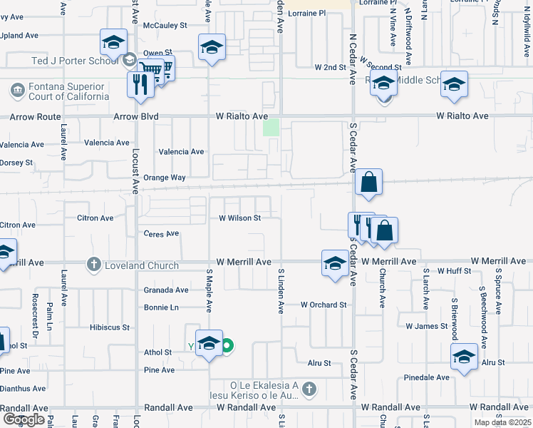 map of restaurants, bars, coffee shops, grocery stores, and more near 372 South Ironwood Avenue in Rialto