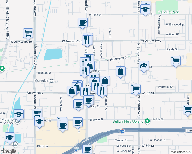 map of restaurants, bars, coffee shops, grocery stores, and more near 48 North Central Avenue in Upland
