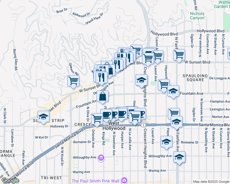 map of restaurants, bars, coffee shops, grocery stores, and more near 1302 North Sweetzer Avenue in West Hollywood