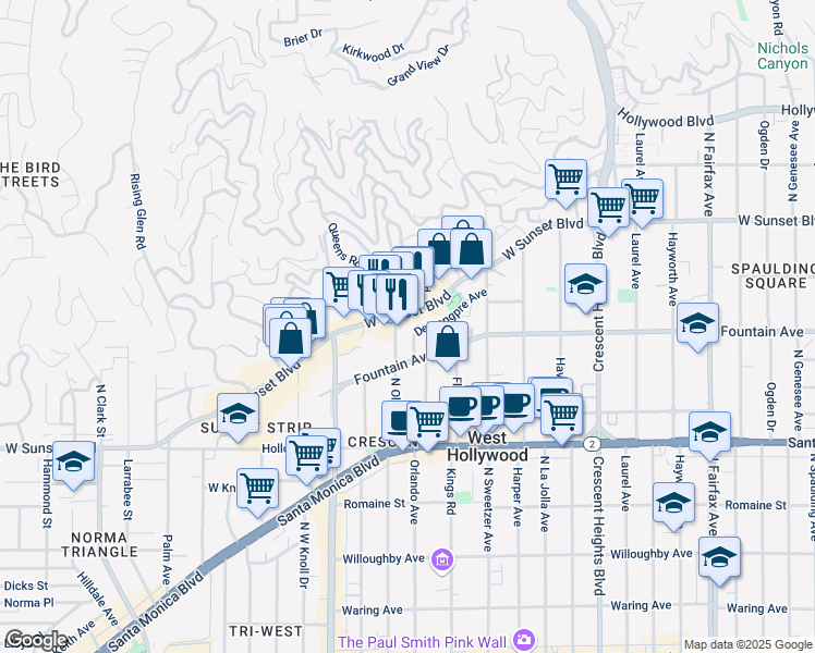 map of restaurants, bars, coffee shops, grocery stores, and more near 8440 Sunset Boulevard in West Hollywood