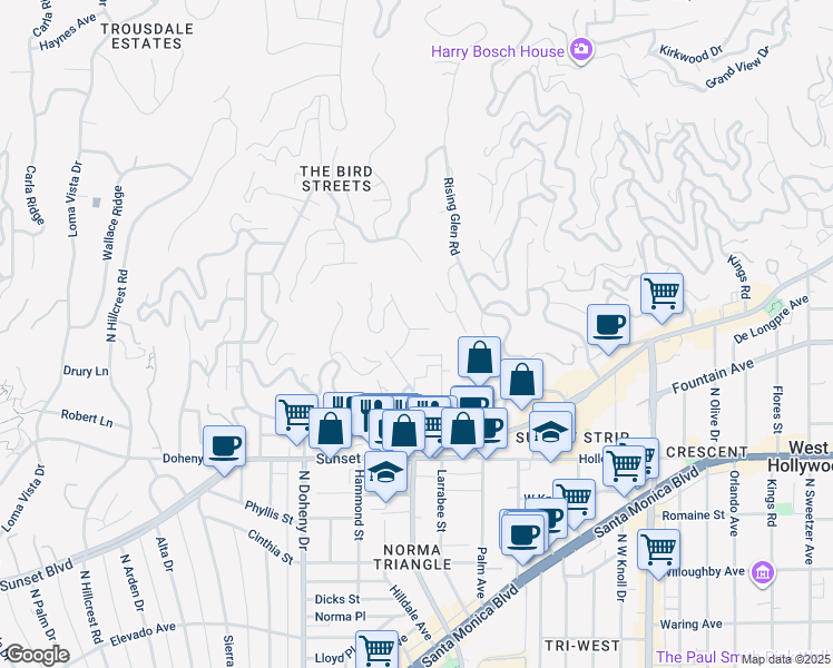 map of restaurants, bars, coffee shops, grocery stores, and more near 8914 Devlin Place in Los Angeles