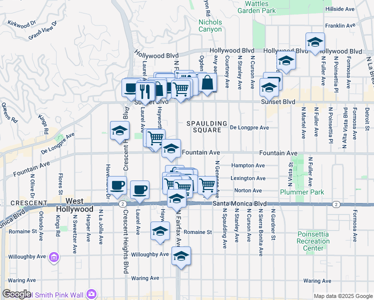 map of restaurants, bars, coffee shops, grocery stores, and more near 1301 North Orange Grove Avenue in West Hollywood