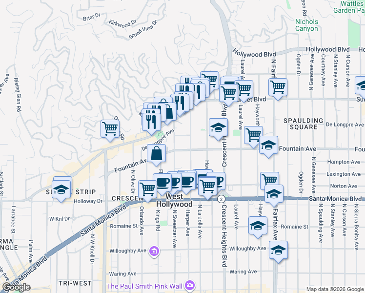 map of restaurants, bars, coffee shops, grocery stores, and more near 8265 Fountain Avenue in West Hollywood