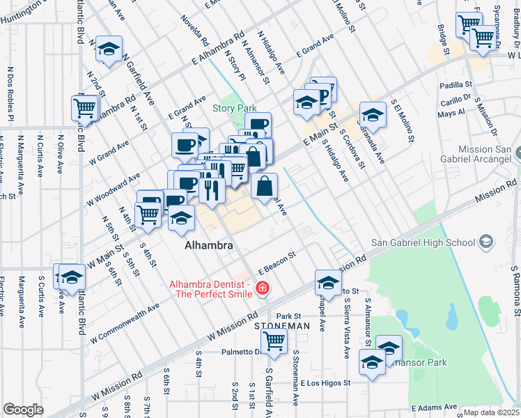 map of restaurants, bars, coffee shops, grocery stores, and more near 168 South Monterey Street in Alhambra