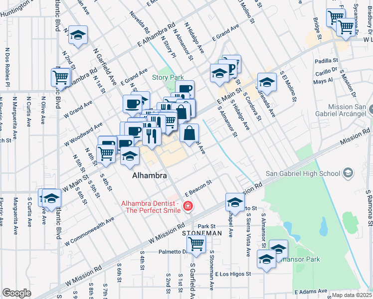 map of restaurants, bars, coffee shops, grocery stores, and more near 168 South Monterey Street in Alhambra