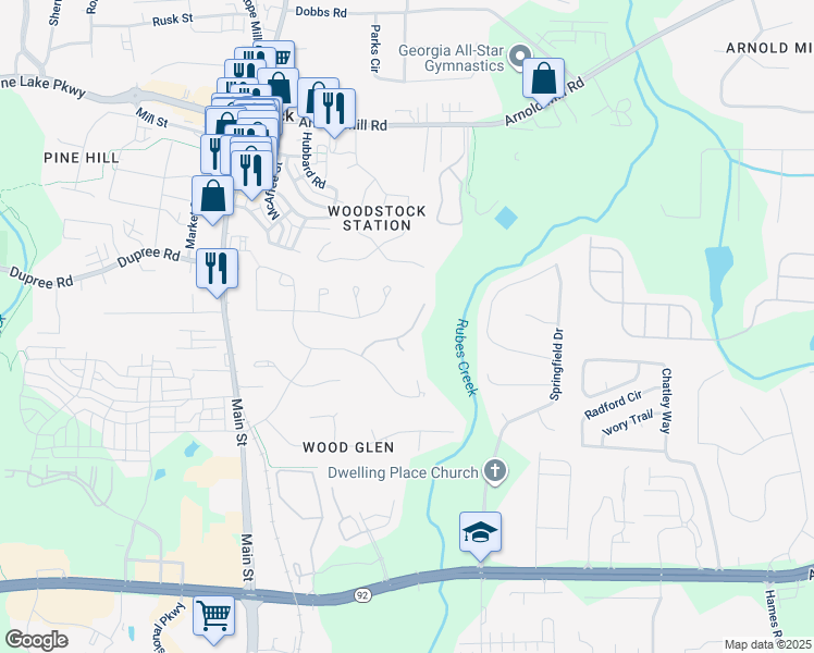 map of restaurants, bars, coffee shops, grocery stores, and more near 715 Songbird Way in Woodstock