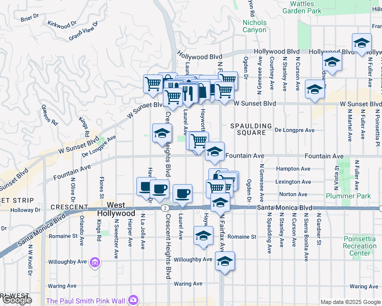 map of restaurants, bars, coffee shops, grocery stores, and more near 1331 North Hayworth Avenue in West Hollywood