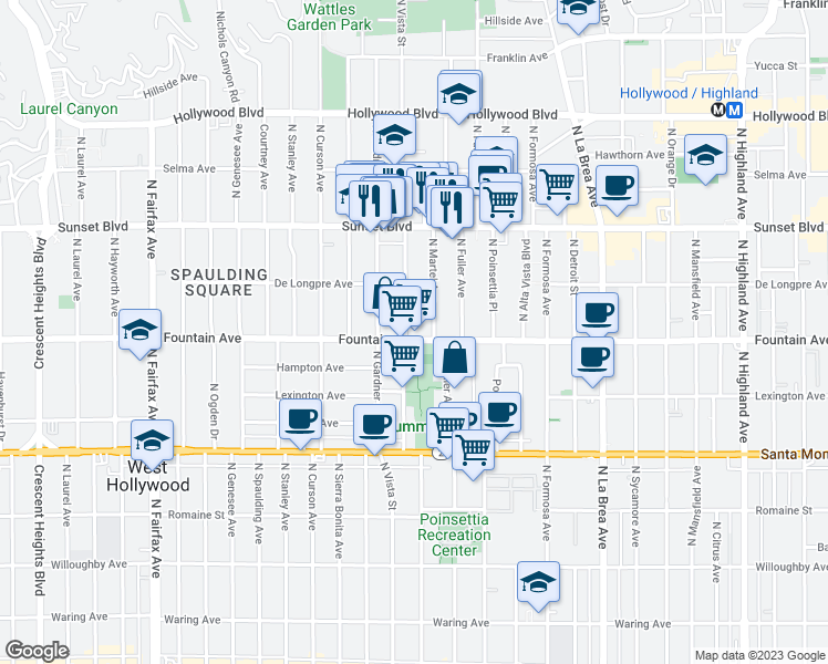 map of restaurants, bars, coffee shops, grocery stores, and more near in West Hollywood