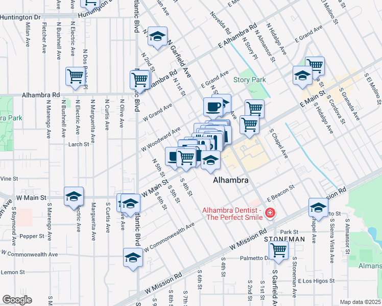 map of restaurants, bars, coffee shops, grocery stores, and more near 28 North 3rd Street in Alhambra