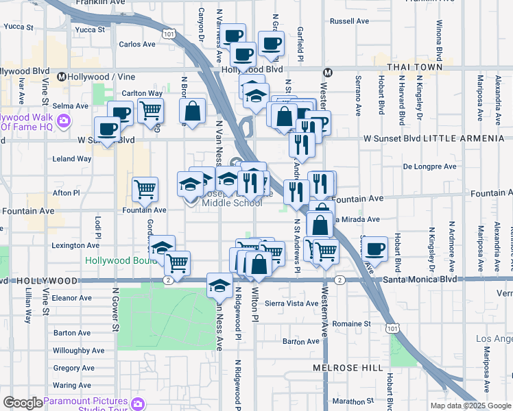map of restaurants, bars, coffee shops, grocery stores, and more near 1278 Wilton Place in Los Angeles