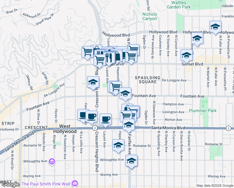 map of restaurants, bars, coffee shops, grocery stores, and more near 7951 Fountain Avenue in West Hollywood