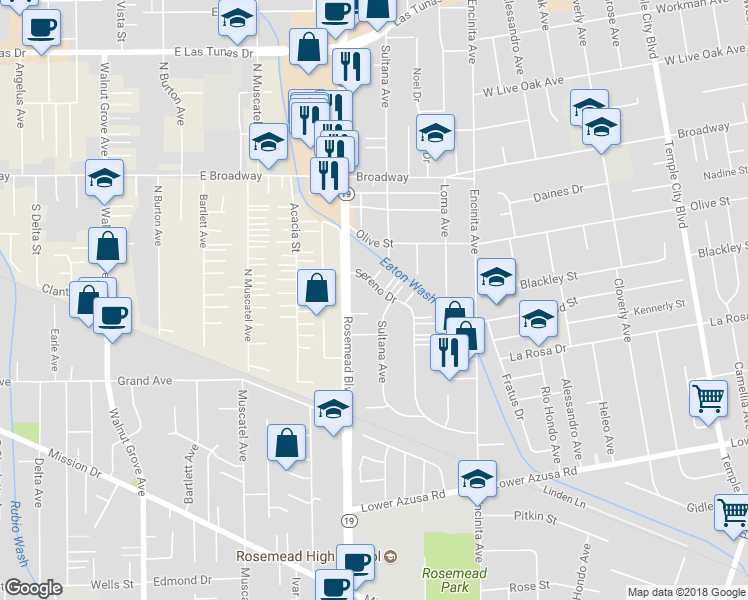 map of restaurants, bars, coffee shops, grocery stores, and more near 5223 Sereno Drive in Temple City