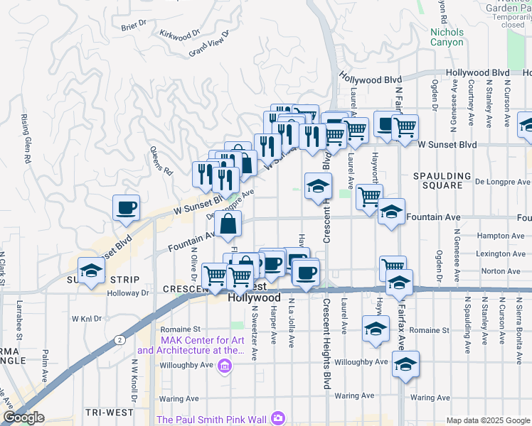 map of restaurants, bars, coffee shops, grocery stores, and more near 8265 Fountain Avenue in West Hollywood